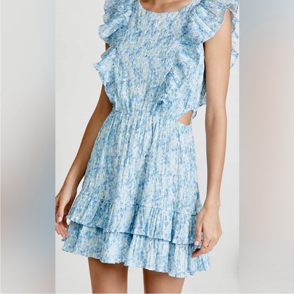 NWT MINKPINK dress size S blue white ruffles cottagecore floral - Picture 2 of 9